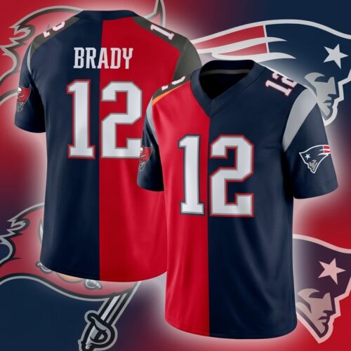 Custom Printed Tom Brady Tampa Bay Buccaneers Red Navy Split GOAT Football Jersey