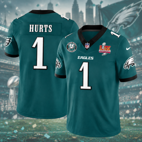 Philadelphia Eagles Super Bowl LIX Champions Printed Football Jersey - Jalen Hurts - Green