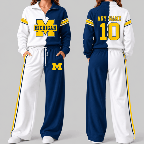 Michigan Wolverines | NCAA Split Color Quarter Zip Wide Leg Set TD